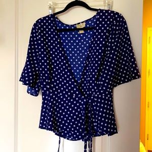 Blue and white polka dot surplice tie front top XL
